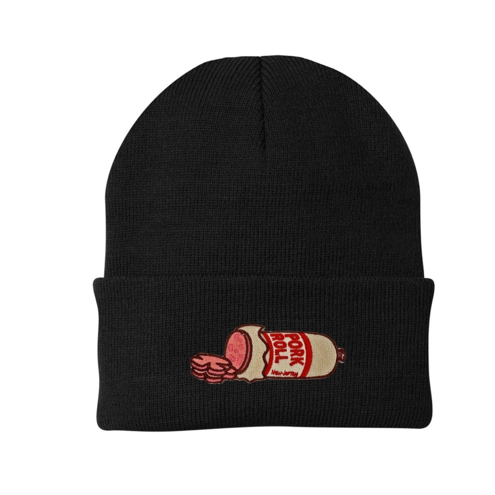 Brand new Cool Black Beanie with Red pork roll Graphic